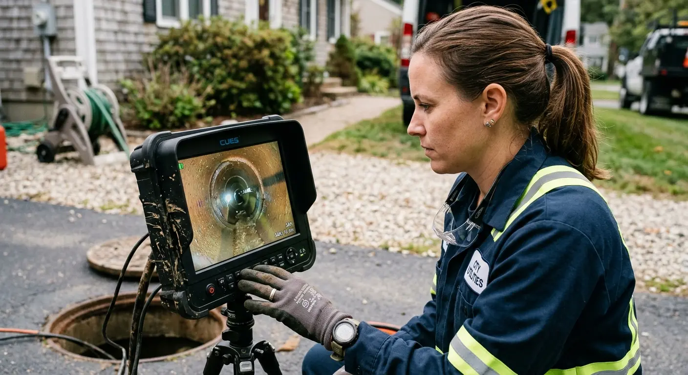 Technician reviewing sewer camera inspection footage in Troy