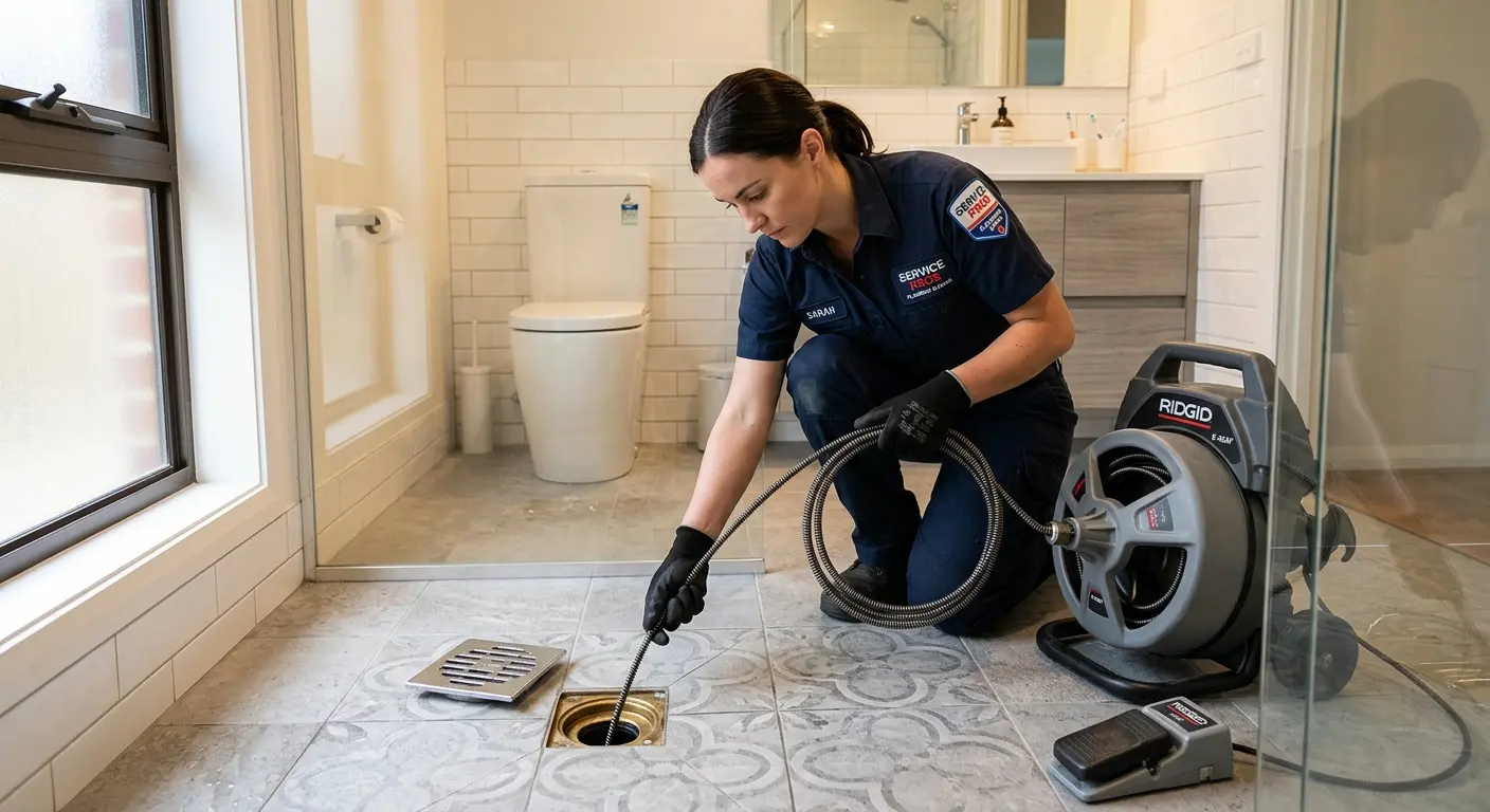Technician clearing a bathroom floor drain for Drain Cleaning in Troy